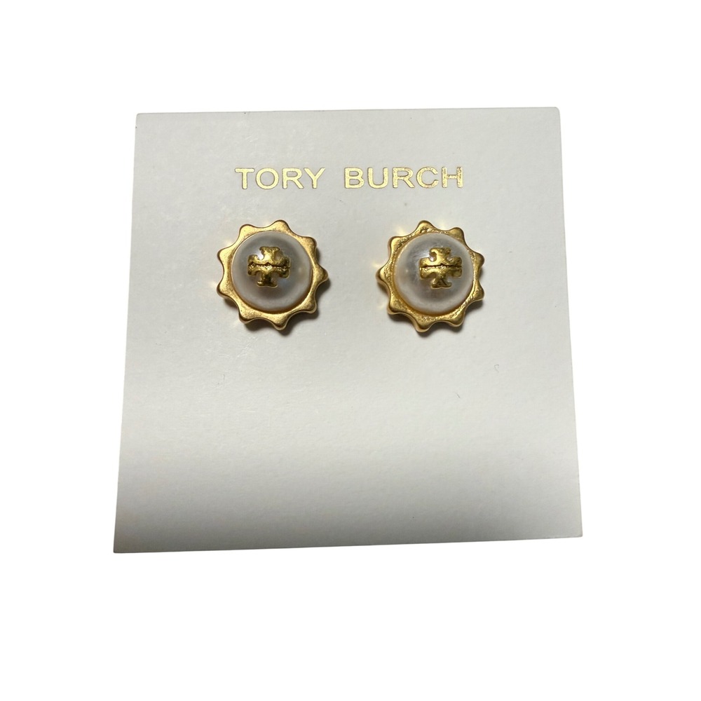 Tory Burch Gold Tone Faux Pearl Scalloped Double T Logo Stud Earrings with Pouch